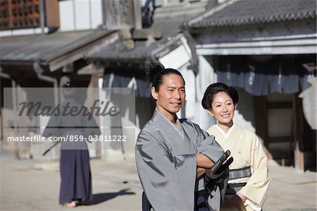 Japanese Couple in Traditional Samurai Wear