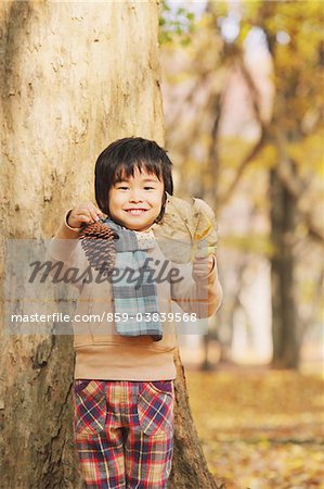 Boy Showing Leaf And Pine Cone