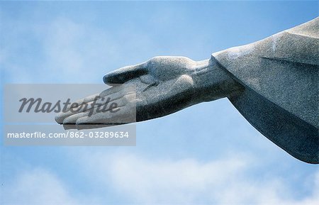 Detail of hand of Christ the Redeemer Statue tops Corcovado Mountain. The statue built to commemorate Brazil's first 100 years of independence from Portugal