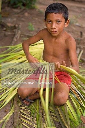 Young Boy weaving palm branches together for community eco shop catering for visiting tourists in the village of Jamaraqua on the banks of the Rio Tapajos