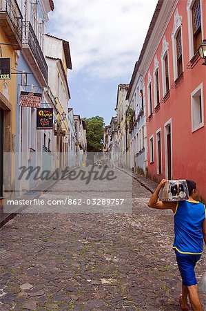 Brazil,Bahia,Salvador. The city of Salvador within the historic Old City,a UNESCO World Heritage listed location. Street scene that reflects the cultural richness of the city and its well preserved colonial architecture.