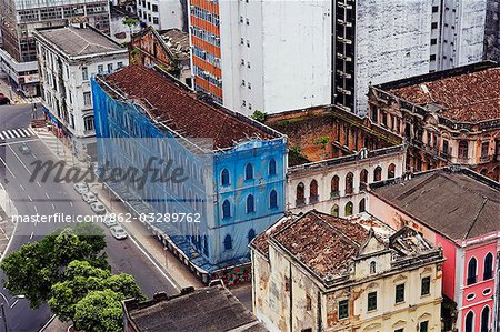 Brazil,Bahia,Salvador. Within the historic Old City,a UNESCO World Heritage site,looking down on the decaying colonial facade in the lower town (Cidade Baixa) which lie outside the UNESCO area of conservation.