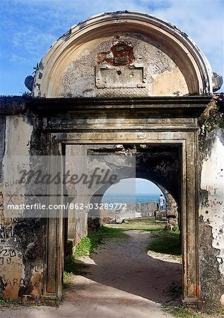 Brazil,Bahia,Camamu Bay. On the island Tinhare,the entrance to the Portuguese fort in the village of Morro de Sao Paulo - one of the largest in Brazil. The construction initiated in 1630,and it was enlarged several times,some parts were reconstructed when damaged by rain and time. During Brazil's colonial period it had 51 cannons,while 183 men lived in the village garrison.