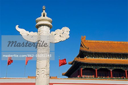 China,Beijing. Huabiao statue and Gate of Heavenly Peace at the Forbidden City Palace Museum.