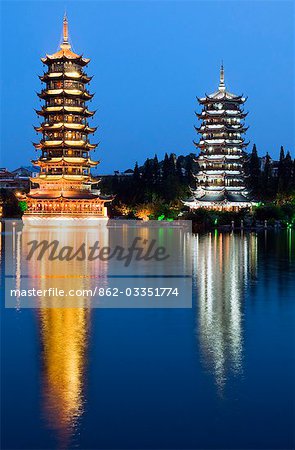 China,Guangxi Province,Guilin,Banyan Lake Pagodas.