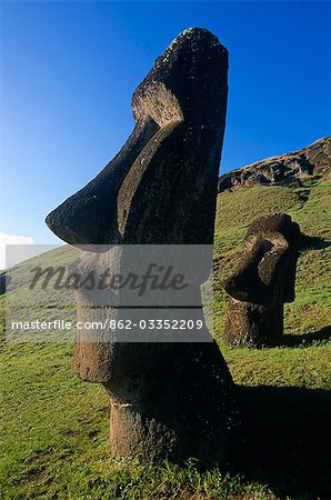 Chile,Easter Island. Moai head on a hillside at Rano Raraku,a site where many of the Moai were quarried out of the volcanic rock.