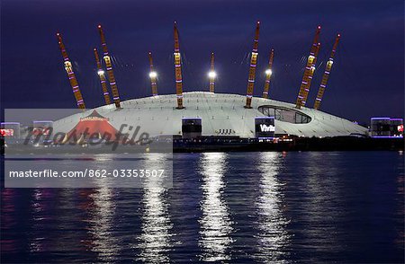 England,London,Greenwich. The O2 Centre (formerly the Millenium Dome) at night.