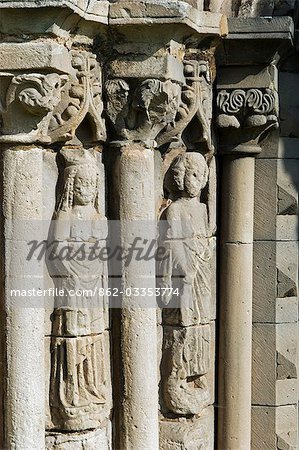 England,Shropshire,Shrewsbury. Carved images of saints in the elegant portico of the Chapter House of Haughmond Abbey,a 12th Century Augistinian abbey near Shrewbury.