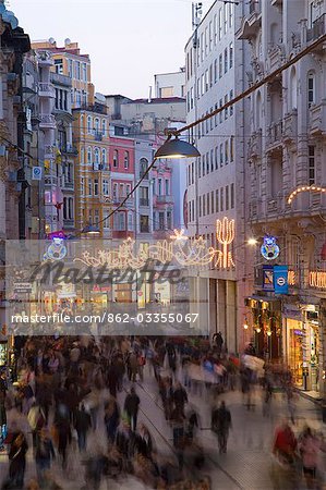 View down busy Istiklal Caddesi,the main street in fashionable Beyoglu,Istanbul,Turkey