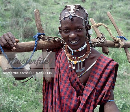 A Wa-Arusha warrior carries home a yoke. His brown necklace is made from aromatic wood. The Wa-Arusha are closely related to the Maasai and speak the same maa language. Unlike the Maasai,however,they till the land. In the past,this has brought them into conflict with their pastoral neighbors who disdained cultivation.