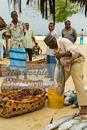 East Africa; Tanzania. A fishermen buying & selling fish at a fish market in Nungwi Village,Zanzibar Island