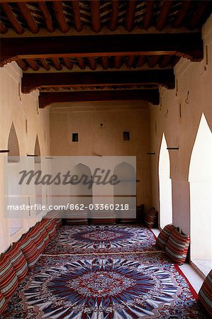 The carpetted interior of a reception room inside the castle at Jaalan Bani bu Hasan