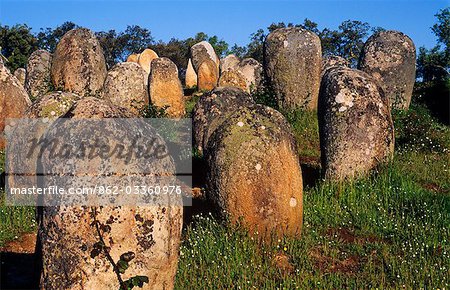Portugal,Alentejo,Cromlech of Almendres. The Almendres Cromlech megalithic complex near Guadalupe,Evora is one of the earliest public monuments. It is the largest existing group of structured menhirs in the Iberian Peninsula,and one of the largest in Europe.