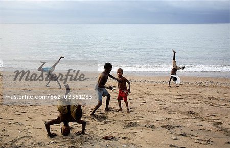 Sao Tomense children play on a beach called Agua Azul located in the north west of Sao Tomé and Principé. Sao Tomé and Principé is Africa's second smallest country with a population of 193 000. It consists of two mountainous islands in the Gulf of New Guinea,straddling the equator,west of Gabon.