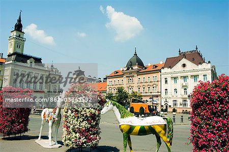 Novi Sad Slobode Square Horse Statue Art Installation with Town Hall behind
