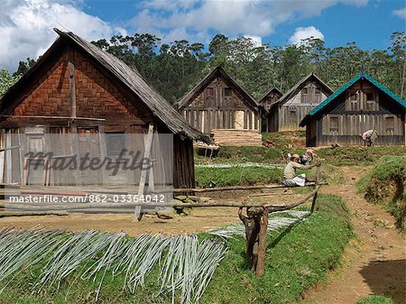The Zafimaniry village of Ifasina where houses are made of wood or woven bamboo (nearest house on the left). The Zafimaniry are renowned for their woodwork and carving.