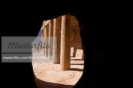 Jordan,Petra. Looking out from the Urn Tomb part of a complex of so called Royal Tombs set into the rock-face of the Jabal Al-Khubtha.