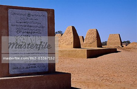 Entrance to one of pyramid style burial sites found on either side of Germa,Libya (one of largest settlements in Wadi al-Hayat,150km from Sebha). The sign denotes the site as one of special interest.