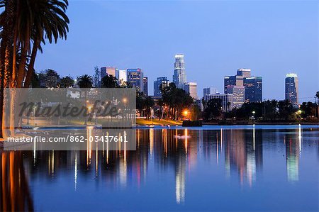 USA,California,Los Angeles. Downtown district skyscrapers behind Echo Park Lake