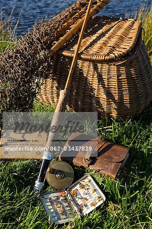 UK,Wales,Conwy. A split-cane fly rod and traditional fly-fishing equipment  beside a trout lake in North Wales - Stock Photo - Masterfile -  Rights-Managed, Artist: AWL Images, Code: 862-03437839