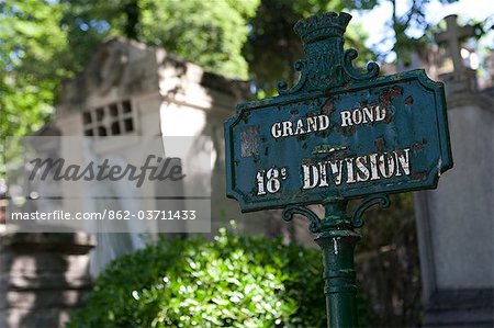 Paris, France. Detail of a crypt and plot marker in the Pere Lachaise cemetery in Paris