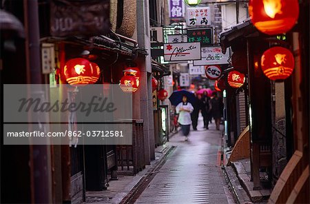 Japan,Honshu Island,Kyoto. Traditional street in the Gion District of Kyoto. Gion is one of Japan's most famous nightlife districts.