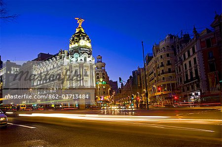 Gran Via avenue and Metropolis building, Madrid downtown, Spain