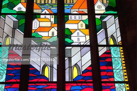 Sweden, Island of Gotland, Visby. Visby Cathedral, features a stunning stained glass showing the medieval walled city.