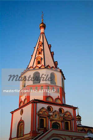 Russia, Siberia, Irkutsk; A bell towers on one of the main Cathedrals at Irkutsk