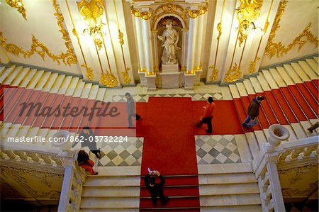 Russia, St. Petersburg; An overview of the entrance staircase to the State Hermitage Museum