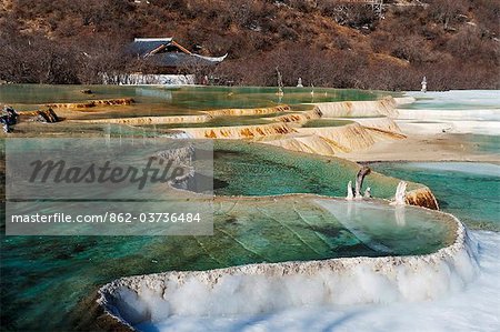 China, Sichuan Province, Huanglong National Park, UNESCO World Heritage Site, Colourful pools of calcite deposit