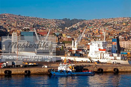 Chile, Port of Valparisio.   The bustling odckside of Chiles main trading port in early morning light.