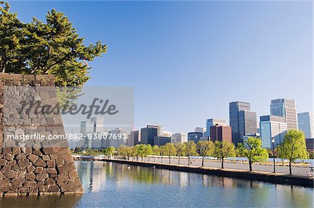 Asia, Japan, Tokyo, city skyline, and walls of the Imperial Palace