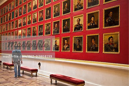 Russia, St Petersburg, Hermitage Museum.  The Gallery of the Patriotic War of 1812, built in 1826 by Carlo Rossi.  The walls are lined with 329 portraits of the Russian generals who took part in campaigns against Napoleon, 1812-1814.