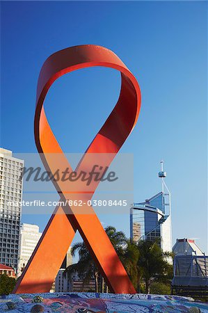 AIDS ribbon sculpture with downtown skyscrapers in background, Durban, KwaZulu-Natal, South Africa AIDS ribbon sculpture with downtown skyscrapers in background, Durban, KwaZulu-Natal, South Africa