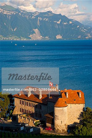 View of Lavaux and Lake Leman. Lavaux is part of a World Heritage Site and is a wine production area with terraces formed since the time of the Romans. Lake Geneva is located on the border between Switzerland and France.