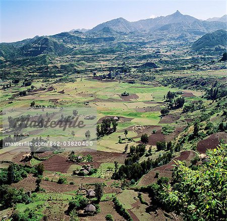 Rich farming country close to the western scarp of the Abyssinian Rift, just north of Debre Sina. Ethiopia is a land of vast horizons and dramatic scenery. Every inch of fertile land is cultivated by hand to feed Ethiopia's population of over 60 million.Agriculture forms the background of the countrys economy with 90 percent of its population earning a living from the land.