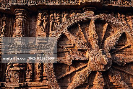 Detail of sandstone carvings at the Konark Sun Temple in Puri.Konark Sun Temple is located , in the state of Orissa near the sacred city of Puri.The sun Temple of Konark is dedicated to the sun God or Surya.It is a masterpiece of Orissa's medieval architecture.