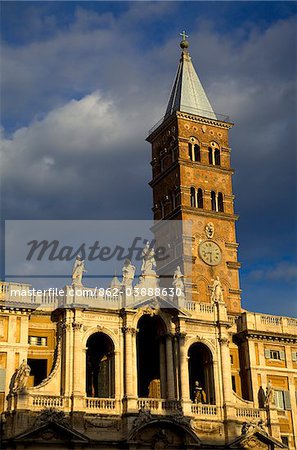Rome, Italy; The campanile and detail from the facade of Church of Santa Maria Maggiore