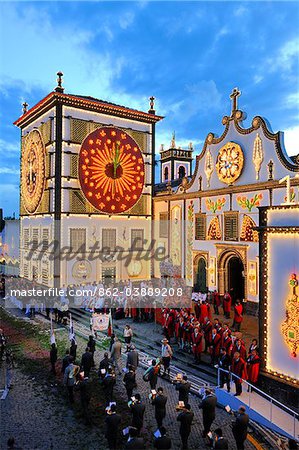 The main church and the procession of the Holy Christ festivities at Ponta Delgada in twilight. Sao Miguel, Azores islands, Portugal
