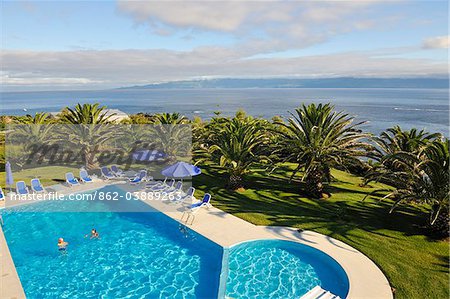 A swimming pool in a hotel of Velas, capital city of Sao Jorge. Azores islands, Portugal