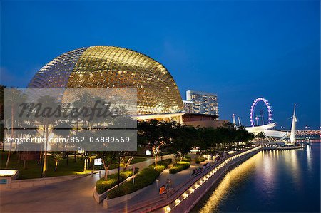 Singapore, Singapore, Marina Bay.  Esplanade - Theatres on the Bay building and the Marina Promenade.