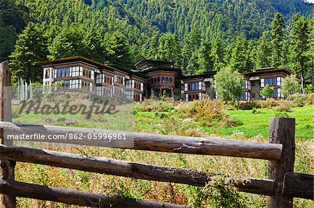 Dewachen Hotel, encircled by pine forests in the Phobjika Valley.