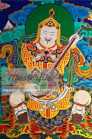A wall painting of Yulkhorseng, God of the East, with his lute, at the 17th century Paro Dzong.