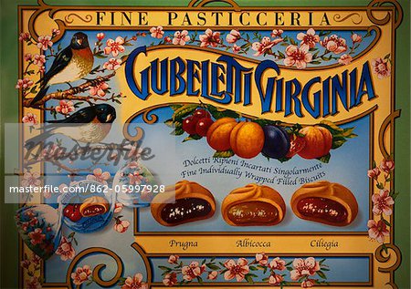 Italy, Tuscany, Lucca. A biscuit advert on display