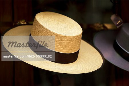 Spain, Seville; Different types of 'Sombrero Sevillano' hats on display in a shop window - Stock Photo - Masterfile - Rights-Managed, Artist: AWL Images, Code: 862-05999182