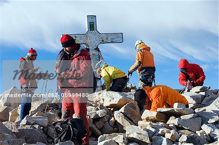 Europe, Spain, Pyrenees, Pico de Aneto  (3404m), highest peak in mainland spain, climbers on summit