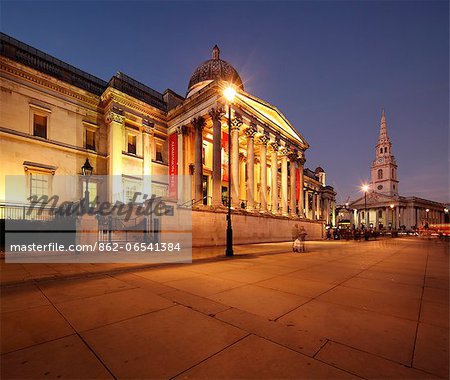 The Trafalgar Square in the heart of London, showing the National Gallery on the left and St. Martins in the Field on the right.