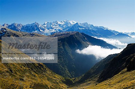 Europe, France, French Alps, Haute Savoie, Chamonix, Servoz valley and Mt Blanc summit Europe, France, French Alps, Haute Savoie, Chamonix, Servoz valley and Mt Blanc summit
