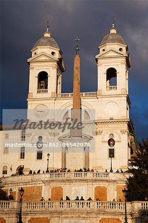 Rome, Lazio, Italy, Detail of Trinita dei Monti Church on top of Piazza di Spagna in dramatic light